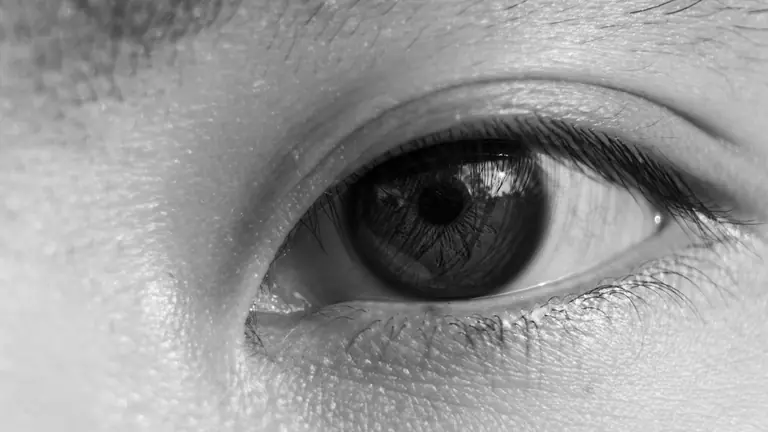 a black and white photo of a person's eye